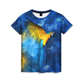 Женская футболка 3D с принтом Попугаи в Екатеринбурге, 100% полиэфир ( синтетическое хлопкоподобное полотно) | прямой крой, круглый вырез горловины, длина до линии бедер | macaw | myparrots | parrot | ара | космос | попугаи | птицы