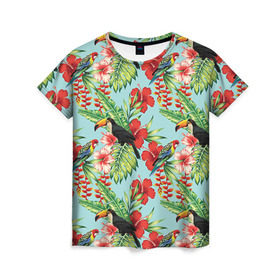 Женская футболка 3D с принтом Попугаи в Екатеринбурге, 100% полиэфир ( синтетическое хлопкоподобное полотно) | прямой крой, круглый вырез горловины, длина до линии бедер | myparrots | parrotузор | листья | орнамент | попугаи | птицы | рай | розелла | тукан | цветы