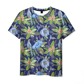Мужская футболка 3D с принтом Попугаи в Екатеринбурге, 100% полиэфир | прямой крой, круглый вырез горловины, длина до линии бедер | myparrots | parrot | кольчатый | листья | ожереловый | орнамент | попугаи | птицы | рай | узор | цветы