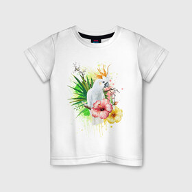 Детская футболка хлопок с принтом Какаду в Екатеринбурге, 100% хлопок | круглый вырез горловины, полуприлегающий силуэт, длина до линии бедер | myparrots | parrot | листья | орнамент | попугаи | птицы | рай | узор | цветы