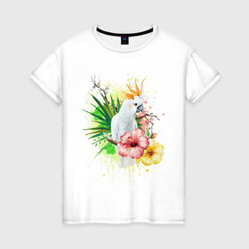 Женская футболка хлопок с принтом Какаду в Екатеринбурге, 100% хлопок | прямой крой, круглый вырез горловины, длина до линии бедер, слегка спущенное плечо | myparrots | parrot | листья | орнамент | попугаи | птицы | рай | узор | цветы