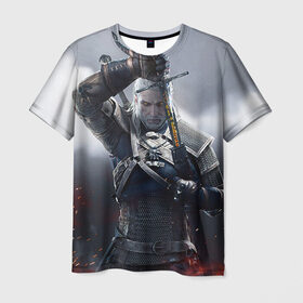 Мужская футболка 3D с принтом Геральт в Екатеринбурге, 100% полиэфир | прямой крой, круглый вырез горловины, длина до линии бедер | ведьмак