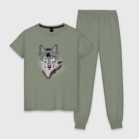 Женская пижама хлопок с принтом Волк в Екатеринбурге, 100% хлопок | брюки и футболка прямого кроя, без карманов, на брюках мягкая резинка на поясе и по низу штанин | волк | волкволчёнок | рисованный волк | серый волк