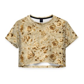 Женская футболка 3D укороченная с принтом Лаваш в Екатеринбурге, 100% полиэстер | круглая горловина, длина футболки до линии талии, рукава с отворотами | еда | лаваш | прикол | прикольные | хлеб