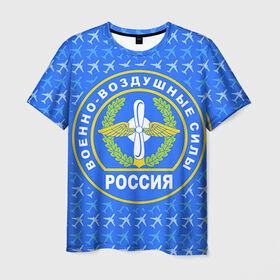 Мужская футболка 3D с принтом ВВС РОССИИ в Екатеринбурге, 100% полиэфир | прямой крой, круглый вырез горловины, длина до линии бедер | Тематика изображения на принте: авиация | герб | летчику | небо