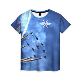 Женская футболка 3D с принтом Самолеты в небе в Екатеринбурге, 100% полиэфир ( синтетическое хлопкоподобное полотно) | прямой крой, круглый вырез горловины, длина до линии бедер | авиатор | авиация | ввс | герб | летчику | небо | самолет | флаг