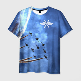 Мужская футболка 3D с принтом Самолеты в небе в Екатеринбурге, 100% полиэфир | прямой крой, круглый вырез горловины, длина до линии бедер | Тематика изображения на принте: авиатор | авиация | ввс | герб | летчику | небо | самолет | флаг
