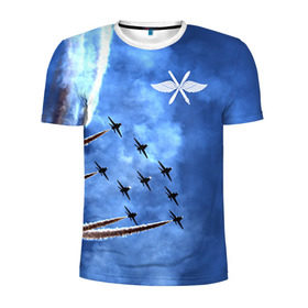 Мужская футболка 3D спортивная с принтом Самолеты в небе в Екатеринбурге, 100% полиэстер с улучшенными характеристиками | приталенный силуэт, круглая горловина, широкие плечи, сужается к линии бедра | Тематика изображения на принте: авиатор | авиация | ввс | герб | летчику | небо | самолет | флаг