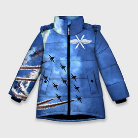 Зимняя куртка для девочек 3D с принтом Самолеты в небе в Екатеринбурге, ткань верха — 100% полиэстер; подклад — 100% полиэстер, утеплитель — 100% полиэстер. | длина ниже бедра, удлиненная спинка, воротник стойка и отстегивающийся капюшон. Есть боковые карманы с листочкой на кнопках, утяжки по низу изделия и внутренний карман на молнии. 

Предусмотрены светоотражающий принт на спинке, радужный светоотражающий элемент на пуллере молнии и на резинке для утяжки. | Тематика изображения на принте: авиатор | авиация | ввс | герб | летчику | небо | самолет | флаг