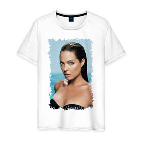 Мужская футболка хлопок с принтом Angelina Jolie в Екатеринбурге, 100% хлопок | прямой крой, круглый вырез горловины, длина до линии бедер, слегка спущенное плечо. | Тематика изображения на принте: angelina jolie | анджелина джоли | кинозвезда