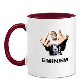 Кружка двухцветная с принтом Eminem Fuck в Екатеринбурге, керамика | объем — 330 мл, диаметр — 80 мм. Цветная ручка и кайма сверху, в некоторых цветах — вся внутренняя часть | Тематика изображения на принте: marshal mathers | rap | slim shady