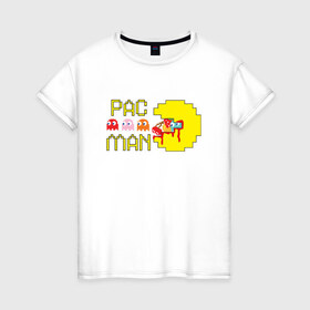 Женская футболка хлопок с принтом PAC MAN. Завтрак в Екатеринбурге, 100% хлопок | прямой крой, круглый вырез горловины, длина до линии бедер, слегка спущенное плечо | 