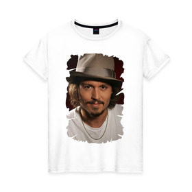 Женская футболка хлопок с принтом Джонни Депп (Johnny Depp) в Екатеринбурге, 100% хлопок | прямой крой, круглый вырез горловины, длина до линии бедер, слегка спущенное плечо | johnny depp | голливуд | джонни депп | кинозвезда