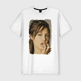Мужская футболка премиум с принтом Анджелина Джоли в Екатеринбурге, 92% хлопок, 8% лайкра | приталенный силуэт, круглый вырез ворота, длина до линии бедра, короткий рукав | angelina jolie | анджелина джоли | кинозвезда