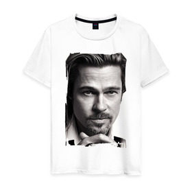 Мужская футболка хлопок с принтом Брэд Питт (Brad Pitt) в Екатеринбурге, 100% хлопок | прямой крой, круглый вырез горловины, длина до линии бедер, слегка спущенное плечо. | brad pitt | брэд питт | голливуд | кинозвезда