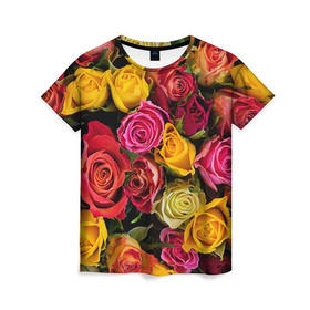 Женская футболка 3D с принтом Цветы в Екатеринбурге, 100% полиэфир ( синтетическое хлопкоподобное полотно) | прямой крой, круглый вырез горловины, длина до линии бедер | flower | девушкам | розы | цветочки | цветы