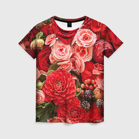 Женская футболка 3D с принтом Цветы в Екатеринбурге, 100% полиэфир ( синтетическое хлопкоподобное полотно) | прямой крой, круглый вырез горловины, длина до линии бедер | flower | девушкам | розы | цветочки | цветы