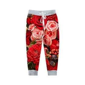 Детские брюки 3D с принтом Цветы в Екатеринбурге, 100% полиэстер | манжеты по низу, эластичный пояс регулируется шнурком, по бокам два кармана без застежек, внутренняя часть кармана из мелкой сетки | flower | девушкам | розы | цветочки | цветы