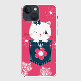 Чехол для iPhone 13 mini с принтом Котик в Екатеринбурге,  |  | Тематика изображения на принте: девушкам | карман | киса | котик | кошка | цветы