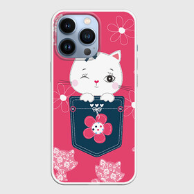 Чехол для iPhone 13 Pro с принтом Котик в Екатеринбурге,  |  | Тематика изображения на принте: девушкам | карман | киса | котик | кошка | цветы