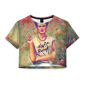 Женская футболка 3D укороченная с принтом Фрида в Екатеринбурге, 100% полиэстер | круглая горловина, длина футболки до линии талии, рукава с отворотами | девушка | искусство | кало | фрида | цветы