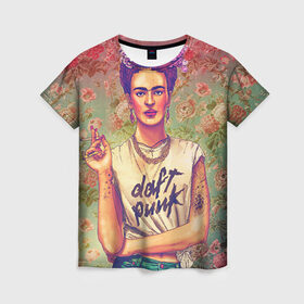 Женская футболка 3D с принтом Фрида в Екатеринбурге, 100% полиэфир ( синтетическое хлопкоподобное полотно) | прямой крой, круглый вырез горловины, длина до линии бедер | девушка | искусство | кало | фрида | цветы