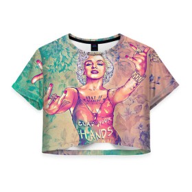 Женская футболка 3D укороченная с принтом Монро в Екатеринбурге, 100% полиэстер | круглая горловина, длина футболки до линии талии, рукава с отворотами | Тематика изображения на принте: девушка | кино | мерлин | монро | мэрилин | цветы