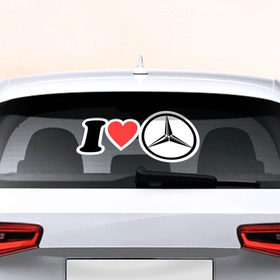 Наклейка на авто - для заднего стекла с принтом I love Mercedes в Екатеринбурге, ПВХ | Точные размеры наклейки зависят от выбранного изображения (ширина не больше 75 мм, высота не больше 45 мм) | автобренд | лого | машина | мерседес | я люблю
