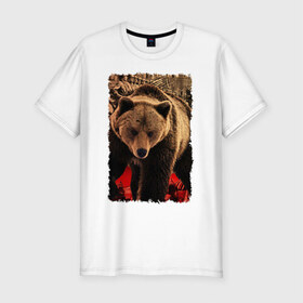 Мужская футболка премиум с принтом Могучий русский медведь в Екатеринбурге, 92% хлопок, 8% лайкра | приталенный силуэт, круглый вырез ворота, длина до линии бедра, короткий рукав | медведь | отвага | родина | россия | сила | я русский