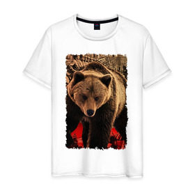 Мужская футболка хлопок с принтом Могучий русский медведь в Екатеринбурге, 100% хлопок | прямой крой, круглый вырез горловины, длина до линии бедер, слегка спущенное плечо. | медведь | отвага | родина | россия | сила | я русский