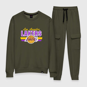 Женский костюм хлопок с принтом Los Angeles Lakers в Екатеринбурге, 100% хлопок | на свитшоте круглая горловина, мягкая резинка по низу. Брюки заужены к низу, на них два вида карманов: два 
