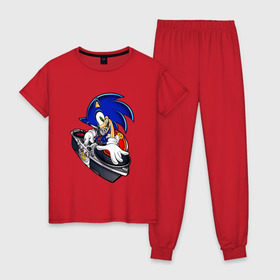 Женская пижама хлопок с принтом Sonic в Екатеринбурге, 100% хлопок | брюки и футболка прямого кроя, без карманов, на брюках мягкая резинка на поясе и по низу штанин | dj | sega | sonic главный персонаж серии комиксов и мультфильмовsonic | сонник