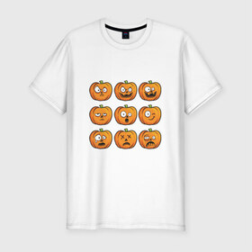 Мужская футболка премиум с принтом Набор тыкв (Хеллоуин) в Екатеринбурге, 92% хлопок, 8% лайкра | приталенный силуэт, круглый вырез ворота, длина до линии бедра, короткий рукав | halloween | мистика | смайл | тыква | ужас | хеллоуин