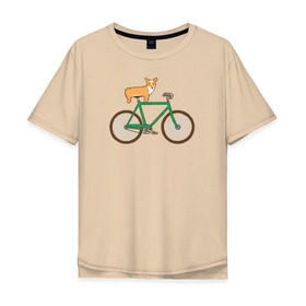 Мужская футболка хлопок Oversize с принтом Корги на велосипеде в Екатеринбурге, 100% хлопок | свободный крой, круглый ворот, “спинка” длиннее передней части | Тематика изображения на принте: велосипед | корги | собака