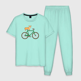 Мужская пижама хлопок с принтом Корги на велосипеде в Екатеринбурге, 100% хлопок | брюки и футболка прямого кроя, без карманов, на брюках мягкая резинка на поясе и по низу штанин
 | велосипед | корги | собака