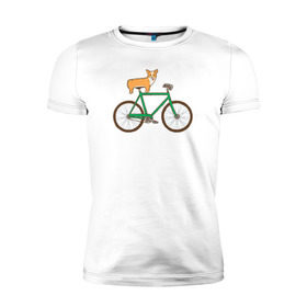 Мужская футболка премиум с принтом Корги на велосипеде в Екатеринбурге, 92% хлопок, 8% лайкра | приталенный силуэт, круглый вырез ворота, длина до линии бедра, короткий рукав | Тематика изображения на принте: велосипед | корги | собака
