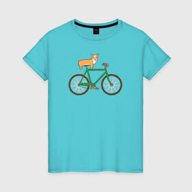 Женская футболка хлопок с принтом Корги на велосипеде в Екатеринбурге, 100% хлопок | прямой крой, круглый вырез горловины, длина до линии бедер, слегка спущенное плечо | Тематика изображения на принте: велосипед | корги | собака