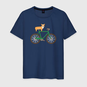 Мужская футболка хлопок с принтом Корги на велосипеде в Екатеринбурге, 100% хлопок | прямой крой, круглый вырез горловины, длина до линии бедер, слегка спущенное плечо. | Тематика изображения на принте: велосипед | корги | собака