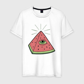 Мужская футболка хлопок с принтом Арбуз в Екатеринбурге, 100% хлопок | прямой крой, круглый вырез горловины, длина до линии бедер, слегка спущенное плечо. | арбуз | масоны | пирамида | фрукт | ягода
