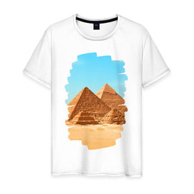 Мужская футболка хлопок с принтом Египетские пирамиды в Екатеринбурге, 100% хлопок | прямой крой, круглый вырез горловины, длина до линии бедер, слегка спущенное плечо. | великие пирамиды | гиза | египет | каир | пустыня