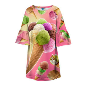 Детское платье 3D с принтом Мороженое в Екатеринбурге, 100% полиэстер | прямой силуэт, чуть расширенный к низу. Круглая горловина, на рукавах — воланы | Тематика изображения на принте: cream | ice | icecream | вкусная | еда | мороженое | рожок