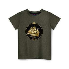Детская футболка хлопок с принтом Золотой парусник в Екатеринбурге, 100% хлопок | круглый вырез горловины, полуприлегающий силуэт, длина до линии бедер | золото | золотой парусникморяк | корабль | море | парусник | якорь