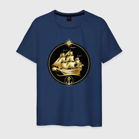 Мужская футболка хлопок с принтом Золотой парусник в Екатеринбурге, 100% хлопок | прямой крой, круглый вырез горловины, длина до линии бедер, слегка спущенное плечо. | золото | золотой парусникморяк | корабль | море | парусник | якорь