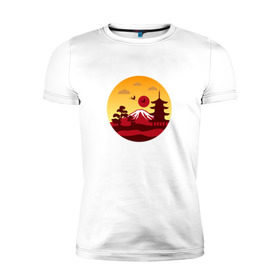 Мужская футболка премиум с принтом Японский пейзаж в Екатеринбурге, 92% хлопок, 8% лайкра | приталенный силуэт, круглый вырез ворота, длина до линии бедра, короткий рукав | горы | япония | японский пейзажпейзаж