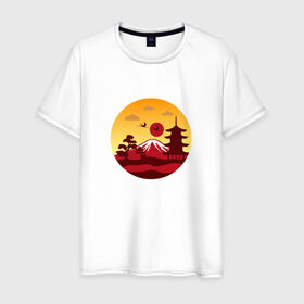 Мужская футболка хлопок с принтом Японский пейзаж в Екатеринбурге, 100% хлопок | прямой крой, круглый вырез горловины, длина до линии бедер, слегка спущенное плечо. | горы | япония | японский пейзажпейзаж