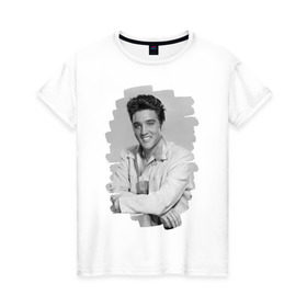 Женская футболка хлопок с принтом Elvis Presley в Екатеринбурге, 100% хлопок | прямой крой, круглый вырез горловины, длина до линии бедер, слегка спущенное плечо | elvis presley | король | рок н ролл | элвис пресли