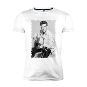 Мужская футболка премиум с принтом Элвис Пресли с гитарой в Екатеринбурге, 92% хлопок, 8% лайкра | приталенный силуэт, круглый вырез ворота, длина до линии бедра, короткий рукав | Тематика изображения на принте: elvis presley | певец | рок н ролл | элвис пресли