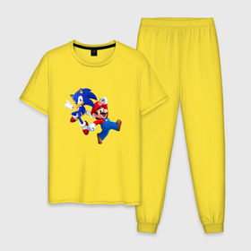 Мужская пижама хлопок с принтом Sonic and Mario в Екатеринбурге, 100% хлопок | брюки и футболка прямого кроя, без карманов, на брюках мягкая резинка на поясе и по низу штанин
 | nintendo | марио | нинтендо