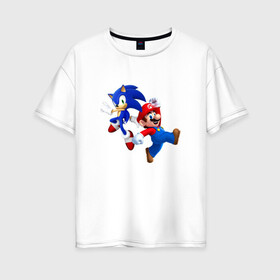 Женская футболка хлопок Oversize с принтом Sonic and Mario в Екатеринбурге, 100% хлопок | свободный крой, круглый ворот, спущенный рукав, длина до линии бедер
 | nintendo | марио | нинтендо