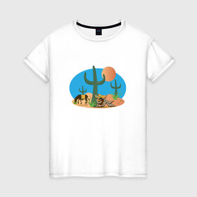 Женская футболка хлопок с принтом Мексиканский пейзаж в Екатеринбурге, 100% хлопок | прямой крой, круглый вырез горловины, длина до линии бедер, слегка спущенное плечо | кактус | мексика | мексиканский пейзажпейзаж